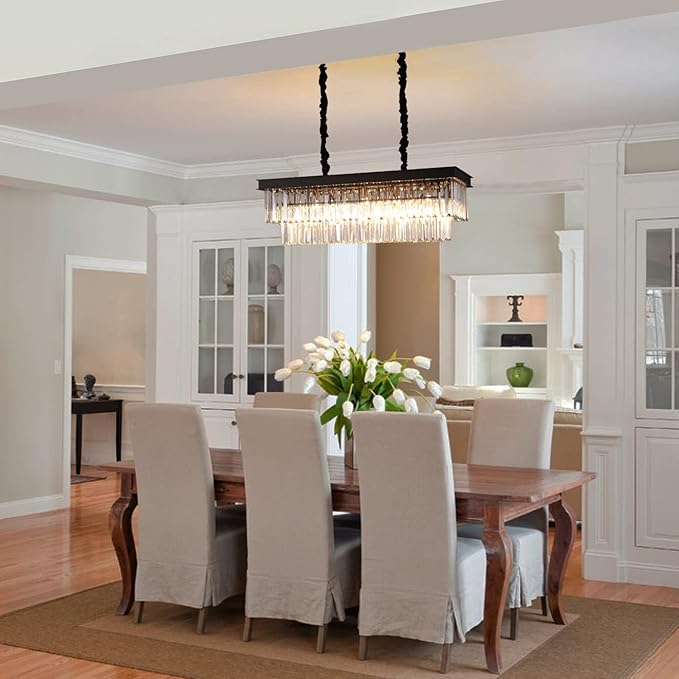 A AXILIXI Crystal Chandelier for Dining Room,Rectangular Black Chandelier Modern Rectangle Pendant Light Fixtures for Kitchen Island L33” K9 Contemporary Long Chandelier