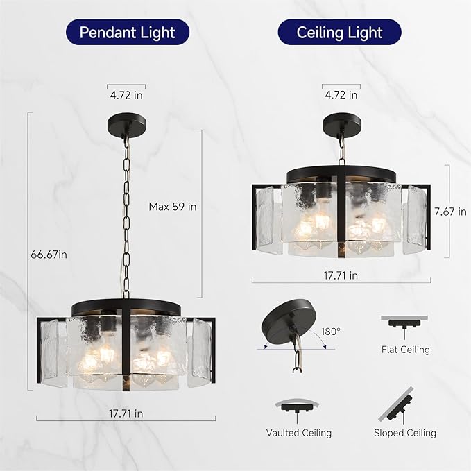 Modern Black Chandeliers for Dining Room: 17.7'' Drum Textured Glass Foyer Chandelier - Vintage Farmhouse kitchen Chandeliers Over Table - Rustic Hanging Light Fixture for Bedroom Living Room Entryway