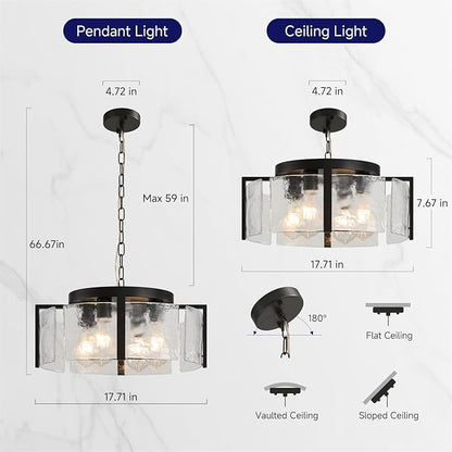 Modern Black Chandeliers for Dining Room: 17.7'' Drum Textured Glass Foyer Chandelier - Vintage Farmhouse kitchen Chandeliers Over Table - Rustic Hanging Light Fixture for Bedroom Living Room Entryway