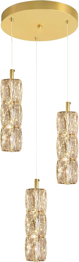ykolupty 3-Light Gold Chandelier with Dimmable Ceiling Light Crystal Pendant Light for Kitchen Island, Dining Room, Living Room, Entry Hallway