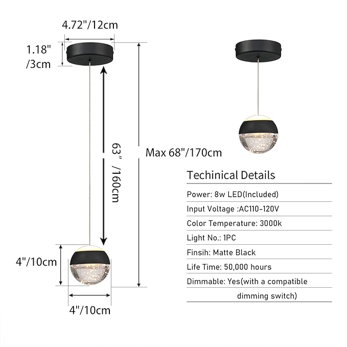 JoollySun Crystal Pendant Light Fixture: Modern Black Mini Hanging Lights for Kitchen Island Bathroom