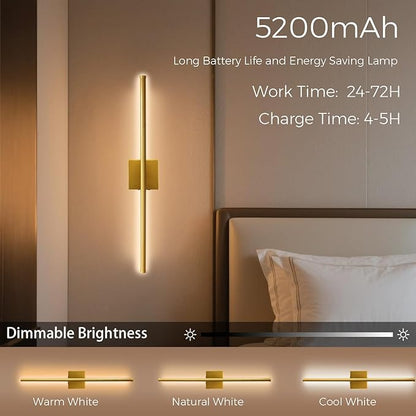 Rechargable Wall Sconce Set of Two, Modern Wireless Brass Wall Light Sconce with Remote, 28.35Inch Dimmable Indoor Home Wall Decor Lights for Bedroom, Living Room, Hallway (Bronze/Square)