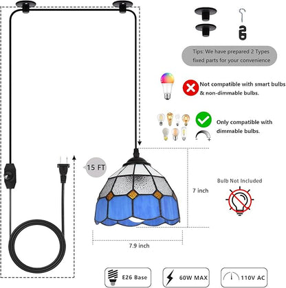 HuisMier Tiffany Style Plug in Pendant Light, Dimmable Small Hanging Lights with 15 Ft Plug in Cord, Vintage Stained Glass Swag Lamp for Dining Room Bedroom Living Room Porch, 7.9" Width
