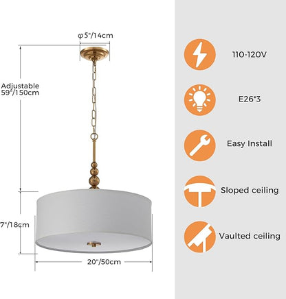 Shrine Lighting Drum Chandeliers, Farmhouse Style, Perfect Drum Pendant Light for Dining Room, D20'' x H8'', Adjustable Chains 59'', E26*3 Sockets, White Linen Fabric Lampshade & Gold Rod