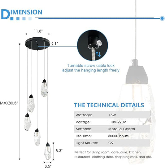 5-Light Modern Crystal Chandelier Dimmable Pendant Light Fixture with Black Teardrop Design Diamond Pendant Lighting for Kitchen Island, Dining Room, Hallway, Bathroom