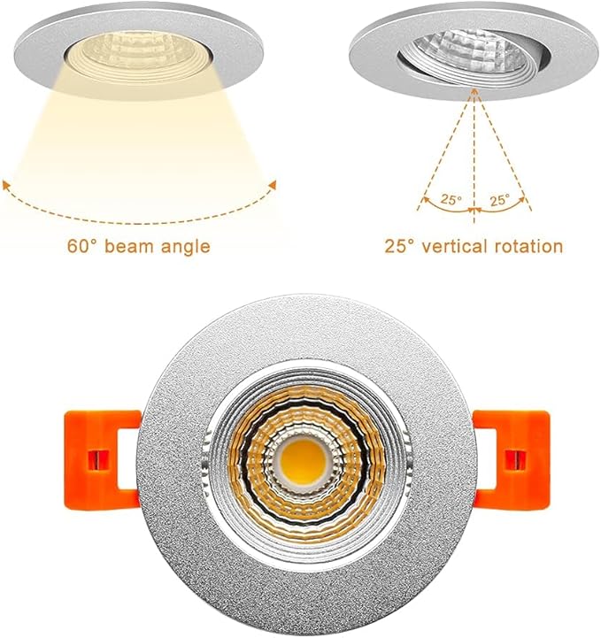 2Inch LED Recessed Ceiling Light, 3W Dimmable LED Downlight, 60 Beam Angle COB Recessed Lights with Driver, Warm White 3000K-3500K, 25W Halogen Bulbs Equivalent for Ceiling Lighting, Silver 6Pack