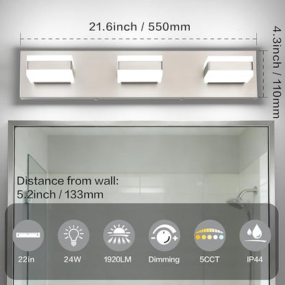 SOLFART Bathroom Light, 5 Color Temperature LED Bathroom Vanity Fixtures, Brushed Nickel 3 Lights Vanity Light Over Mirror Modern LED Light Adjustable Color 5CCT
