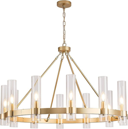 Wagon Wheel Chandelier, 12-Light Golden Farmhouse Round Chandelier, Industrial Lighting fixtures, Glass Pendant Light Suitable for Porch, Dining Room, Living Room, and Bedroom.