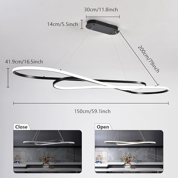 Large Modern LED Pendant Light 59.06" LED Chandelier for Dining Room Light Fixture Modern Height Adjustable Kitchen Island Ceiling Hanging Pendant Chandelier for Dining Table with Remote