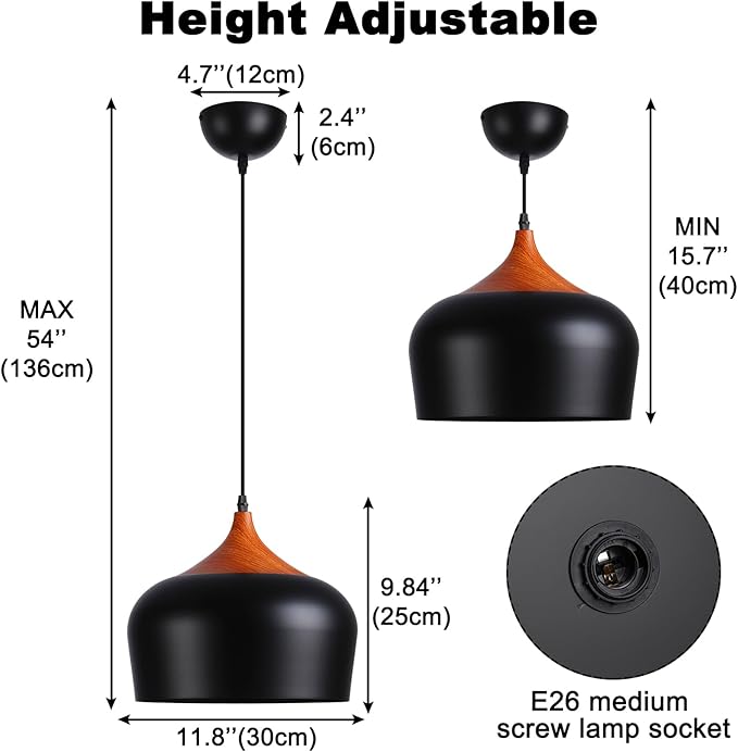 Modern Pendant Light Fxtures Kitchen, Hanging Light Fixtures Ceiling Mount, Wood Metal Shade Pendant Lamp for Dining Room, Bedroom, Living Room, Bathroom, Entryway, Small Chandelier, Black