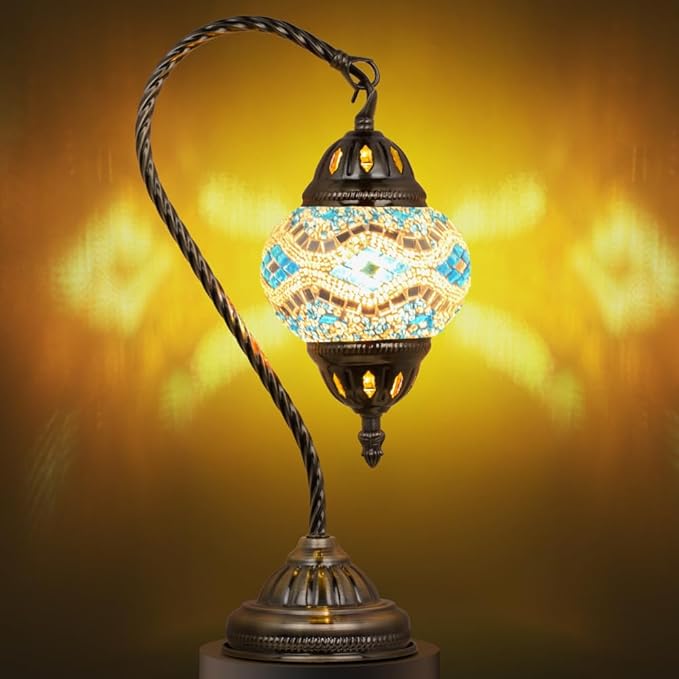 Marrakech Tiffany Lamp Morrocan Table Lamp with Vintage Style, Handmade Turkish Mosaic Lamps with Swan Neck Bronze Base Including LED Bulb for Living Room Bedroom Decor (Blue2)