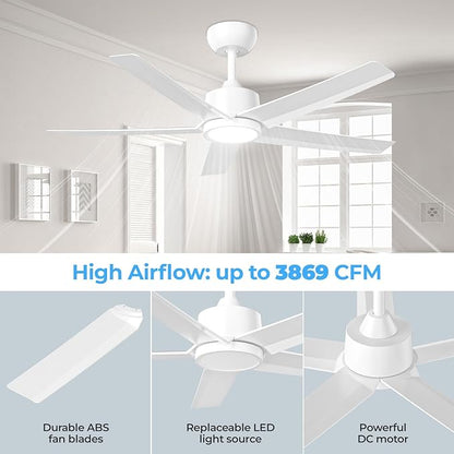 ocioc 44" Ceiling Fans with Lights,White Ceiling Fan with Light and Remote,Reversible Airflow,6 Speeds,Timer,Dimmable,Modern Ceiling Fan for Bedroom,Patios Indoor/Covered Outdoor Use