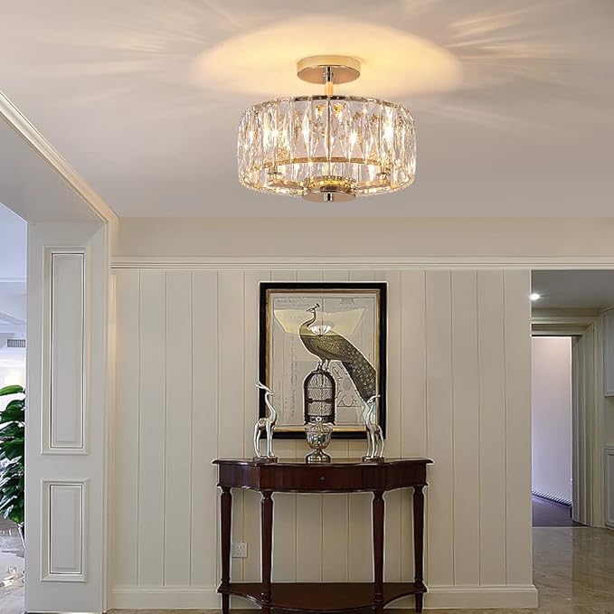 K9 Crystal Gold Chandelier Ceiling Lighting, 3-Lights Modern Mini Crystal Semi Flush Mount Pendant Lamp Fixture with E12 Bulb Base for Living Room Hallway Dining Room Bedroom (H10.4 x D12.5)