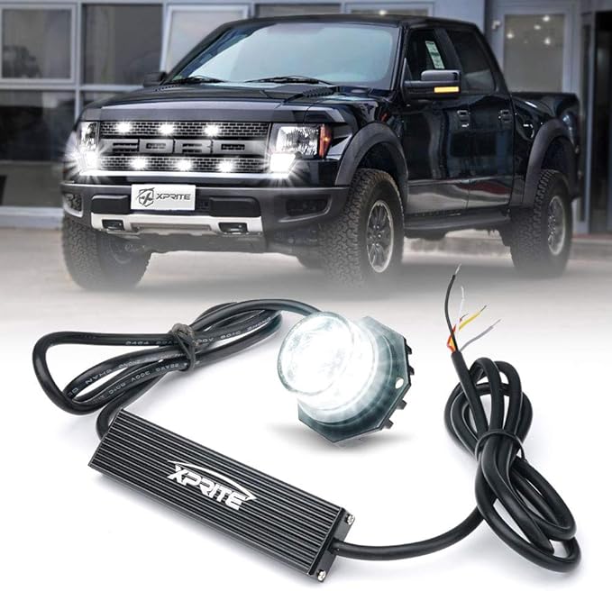 Xprite Hideaway Strobe Lights White LED Strobe Light Kit with 14 Flash Patterns Grill Strobe Lights for Trucks Surface Mount Headlight Taillight Emergency Warning for Work and Tow Vehicles - 1PC