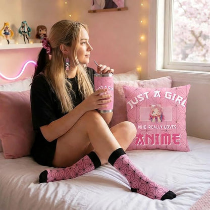 Kawaii Anime Gifts for Girls Includes 20oz Tumbler, Pillow Cover, Earrings, Scrunchies, Socks, Just A Girl Who Really Loves Anime, Birthday Gifts for Women Girls Friends Sister