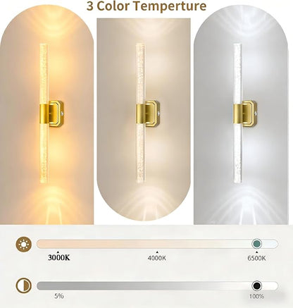 HISTAR Battery Operated Wall Sconce Set of 2, 10000mah Rechargeable Gold Crystal Wall Sconce, 3 Colors 360° Rotate Wireless Wall Scone Decor for Bathroom Bedroom Living Room, 20.5 Inch