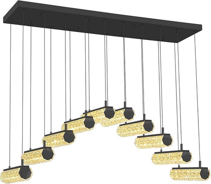 Crystal Ring Chandelier for Dining Room,Black 10 Lights Rectangular Crystal Pendant Lights Over Table Modern Linear Crystal Chandelier Dimmable with Remote Control