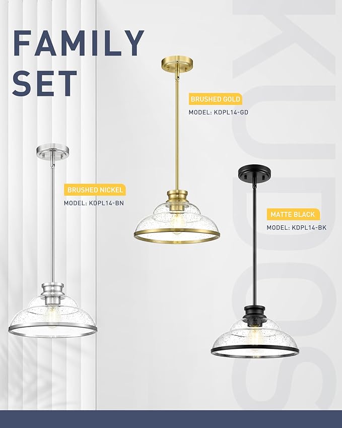 kudos 2 Pack Pendant Lights Kitchen Island, 11" Brushed Nickel Kitchen Island Lighting with Seeded Glass, Farmhouse Hanging Light Fixture for Kitchen Sink Dining Room Hallways, KDPL14-BN-2PK