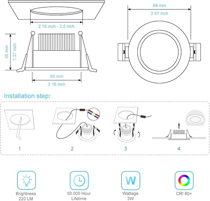 2 Inch LED Downlight, 3W Recessed Lighting Dimmable Ceiling Light Kit, 3000K Warm White, CRI80 Black Can Lights with LED Driver(35W Halogen Equivalent), 6 Pack