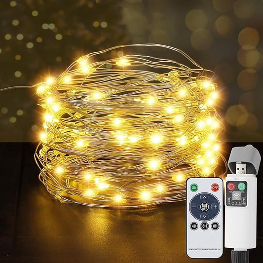 33FT 100 LED Rechargeable String Lights, USB Charging, IP65 Waterproof Outdoor Camping Lights, 8 Modes Fairy Lights with Remote Timer for Camping Patio Christmas Bedroom Decor Warm White