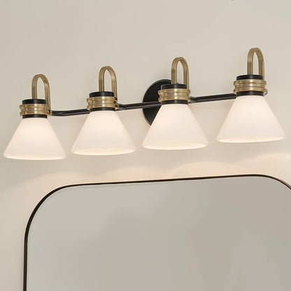 Kichler Farum 34" 4-Light Bathroom Vanity Light Fixture with Opal Glass in Black, Modern Over Mirror Lighting for Single or Double Vanity, Powder Room (34" W x 9.5" H), 55156BK