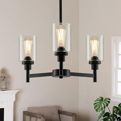 LIGHTDAMY 3 Lights Black Chandeliers for Dining Room Light Fixture Over Table, Entryway Chandelier for Foyer, Hallway Lighting Fixtures with Glass Shade for Dining Room Kitchen Island Foyer Hallway