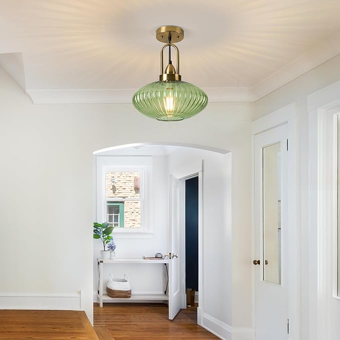 12 Inch Green Pendant Lights Vintage Chandelier Pendant Lighting Modern Mid Century Hanging Lights Adjustable Kitchen Island Light for Dining Room Bedroom Hallway