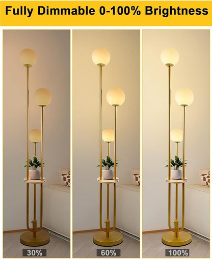 63IN Dimmable Floor Lamp with Shelf, Unique Globe Gold Tall Standing Lamps, 3000K Warmwhite Mid Century Modern Floor Lamp with 5Lbs Heavy Base for Living Room Home Office(Bulbs Included)