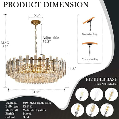 31.5" Modern Crystal Chandelier Gold 3-Tier Luxury Crystal Pendant Light 12-Light Ceiling Pendant Lighting for Dinning Room Living Room Foyer