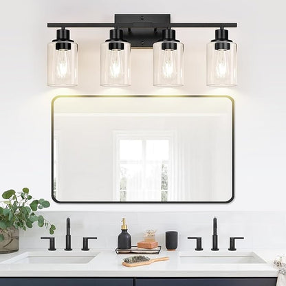 Indoi 4-Light Bathroom Light Fixtures, Matte Black Modern Vanity Lights with Clear Glass Shades, Bathroom Wall Lamp for Mirror Living Room Cabinet Bedroom Porch