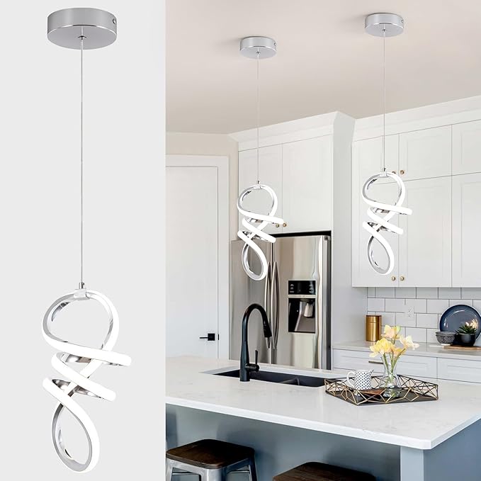 EIDISUNY Modern Led Pendant Light Fixture, 15W Chrome Spiral Pendant Light Kitchen Island, 4500K Daylight White Pendant Lamp, Adjustable Height Chandelier for Kitchen Dining Room Bedroom (3 Packs)