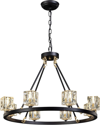 Black Wagon Wheel Chandelier, 8-Light Farmhouse Crystal Chandeleirs with Adjustable Height,Ceiling Hanging Light Fixture Pendant Lights for Living Room,Bedroom,Kitchen Island,Dining Room