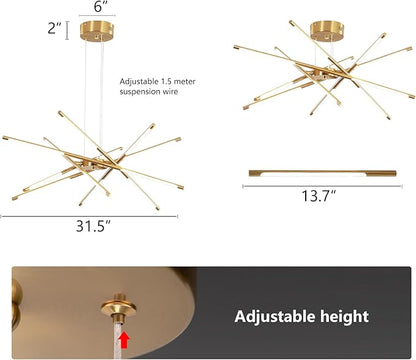 Modern Gold Chandelier, 12-Light LED Linear Pendant Light Fixture, Dimmable Gold Chandeliers for Dining Room, Living Room, Bedroom, Kitchen Island