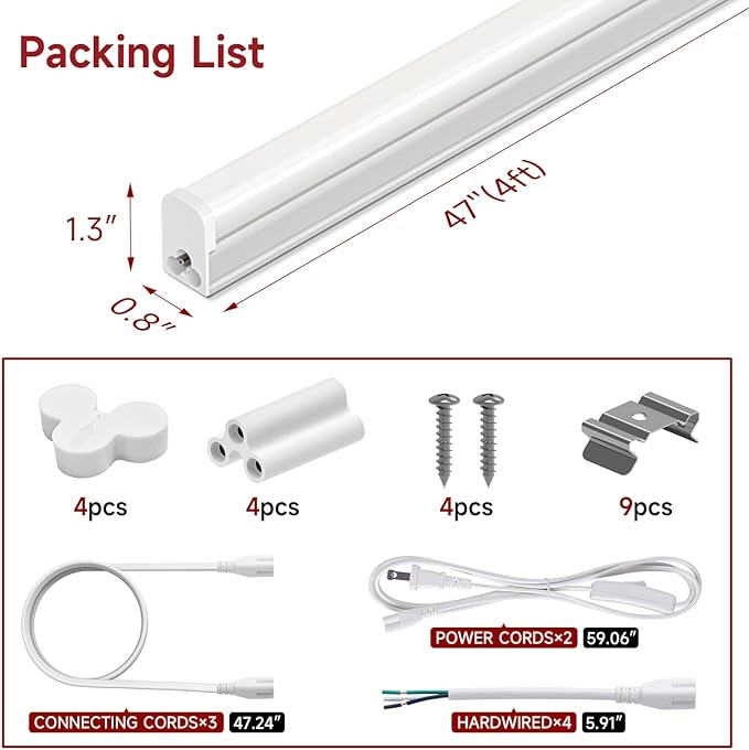 4-Pack LED Shop Lights 4FT, 20W, 6500K 2200LM, T5 Linkable Utility Fixtures for Under-Cabinet Lighting, Kitchen, Garage, Basement, and Workshop Lighting, Easy Installation, Plug & Play