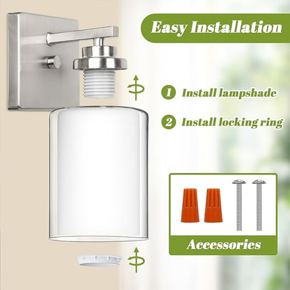 Set of 2 Wall Sconces for Bathroom, Modern Vanity Light Fixtures, Nickle Wall Mount Lighting Lanterns, Farmhouse Wall Lights with Double Clear Glass Shade for Bedroom Living Room Mirror Hallway