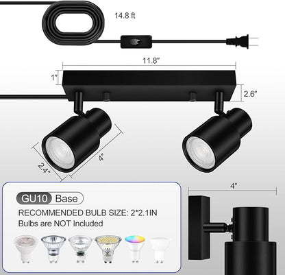 Plug in Track Lighting Fixtures Ceiling, Black Track Light LED, 2-Light Plug in Wall Lights with Cord, 2 Way Ceiling Spotlight, Rocker Switch, Rotatable Spotlight for Bedroom, Bulb Not Included