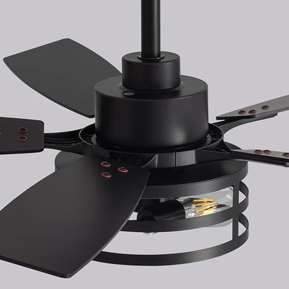 42 Inch Ceiling Fans with Lights and Remote Control, Farmhouse Ceiling Fan with LED Lighting for Bedroom Living Room and Patio, Black Caged Ceiling Fan for Indoor and Outdoor(NO Bulbs)