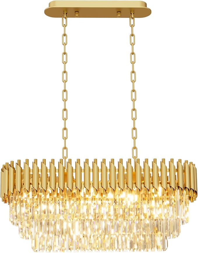 31.5" 8-Light Gold K9 Crystal Chandelier, Luxury Rectangular Raindrop Pendant Light with Adjustable Chain, Hanging Chandeliers for Dining Room, Kitchen Island, Living Room