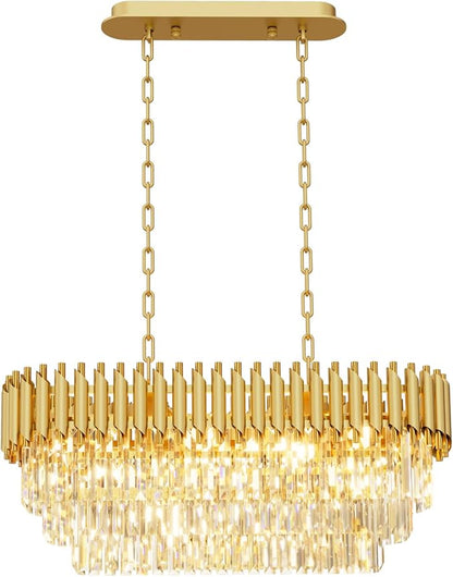 31.5" 8-Light Gold K9 Crystal Chandelier, Luxury Rectangular Raindrop Pendant Light with Adjustable Chain, Hanging Chandeliers for Dining Room, Kitchen Island, Living Room