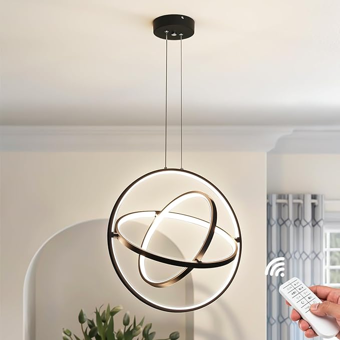 Modern LED Chandelier 3 Rings Black Circle Hanging Pendant Lighting Dimmable Round Ring Kitchen Island Chandelier Creative DIY for Dining Living Room Bedroom Height Adjustable