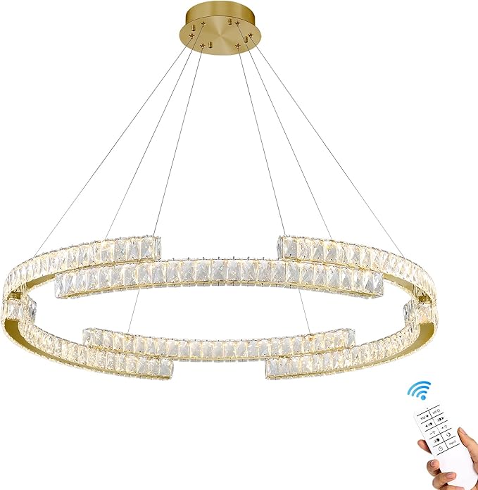 Modern Led Ring Pendant Light Dimmable Crystal Chandelier for Living Room Dining Room Adjustable 40 inch Gold
