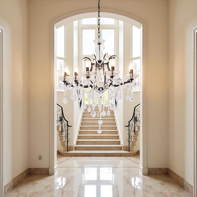 6-Light Crystal Chandelier Black Finish Modern Luxury Antique Flush Mount Chandelier with Crystal Drops Prisms Beads, Elegant Dining Room Living Room Entryway Foyer Ceiling Light Fixture