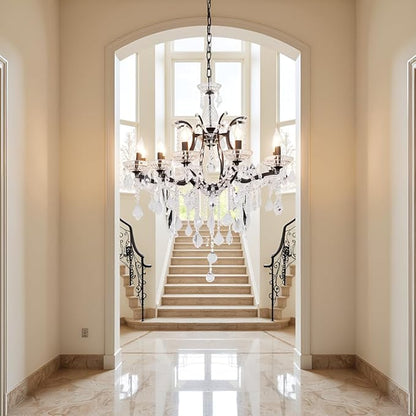 6-Light Crystal Chandelier Black Finish Modern Luxury Antique Flush Mount Chandelier with Crystal Drops Prisms Beads, Elegant Dining Room Living Room Entryway Foyer Ceiling Light Fixture
