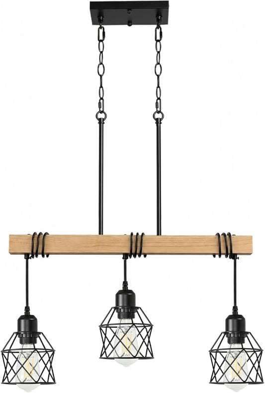 3 Light Farmhouse Kitchen Island Lighting,Dining Room Light Fixture,Adjustable Height Pendant,Real Wood and Black Metal Cage Chandelier for Kitchen,Dining Room