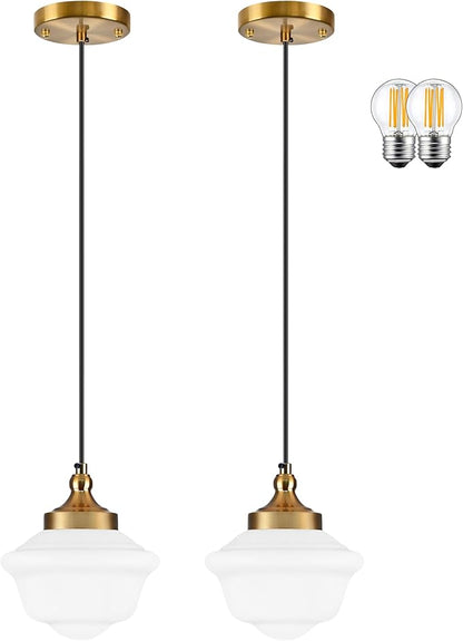 Bagood 2 Pack 8" Gold Schoolhouse Light Fixture Milk Glass Pendant Light Schoolhouse Pendant Light Milk Glass Light Fixture Mid Century Modern Light Fixture for Bedroom Bathroom Kitchen (Bulb Incl.)