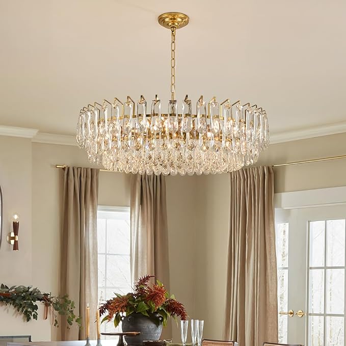 31.5" Gold Crystal Chandeliers Fully Transparent Crystal Modern3-Tier Luxury Crystal Pendant Light Ceiling Pendant Lighting for Dinning Room Living Room Foyer
