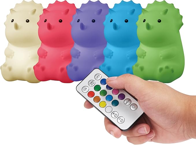 GLOBE Electric 13360 6" Triceratops and 9" Brontosaurus Giggling Dinosaur Duo Multicolor Changing Integrated LED Rechargeable Silicone Night Light, White, Table Lamps for Living Room, Bedroom, Den