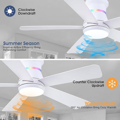 Surtime 46" White Ceiling Fans with RGB Lights - Flush Mount Ceiling Fan Light with LED 3CCT Dimmable, Modern Low Profile Ceiling Fans for Indoor Party,Covered Outdoor