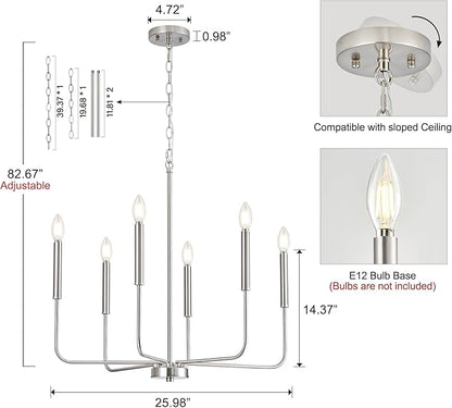 Modern Brushed Nickel Chandelier for Dining Room, Metal 6-Light Kitchen Light Fixtures, Farmhouse Candle Hanging Pendant Light for Living Room Entryway Foyer Bedroom (Bulbs Not Included)