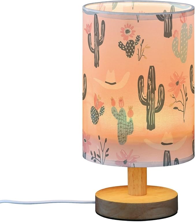 Bedside Table Lamp Western Cowboy Desert Cactus Pink Nightstand Lamp with Wood Desk Lamps for Bedroom Living Room Nursery Office Home Decor